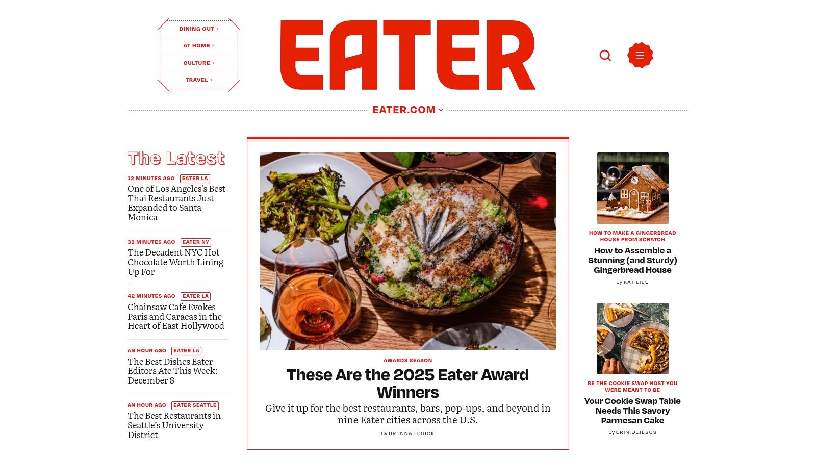The Eater website homepage showing curated food news and city guides