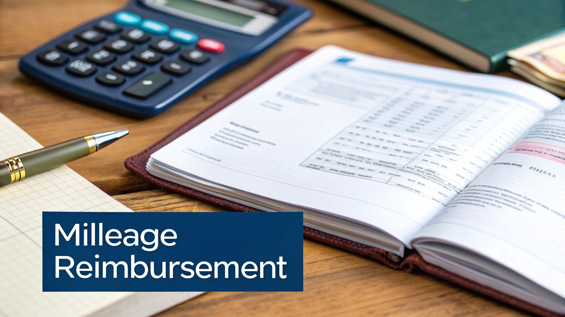 A calculator, pen, and open financial ledger on a wooden desk with a 'Mileage Reimbursement' overlay.