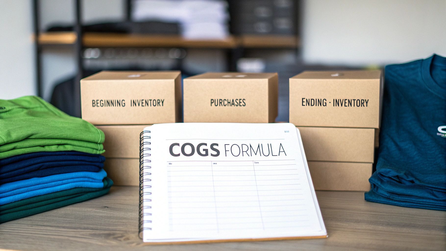 A desk with boxes for beginning, purchases, and ending inventory, a COGS formula notebook, and folded t-shirts.