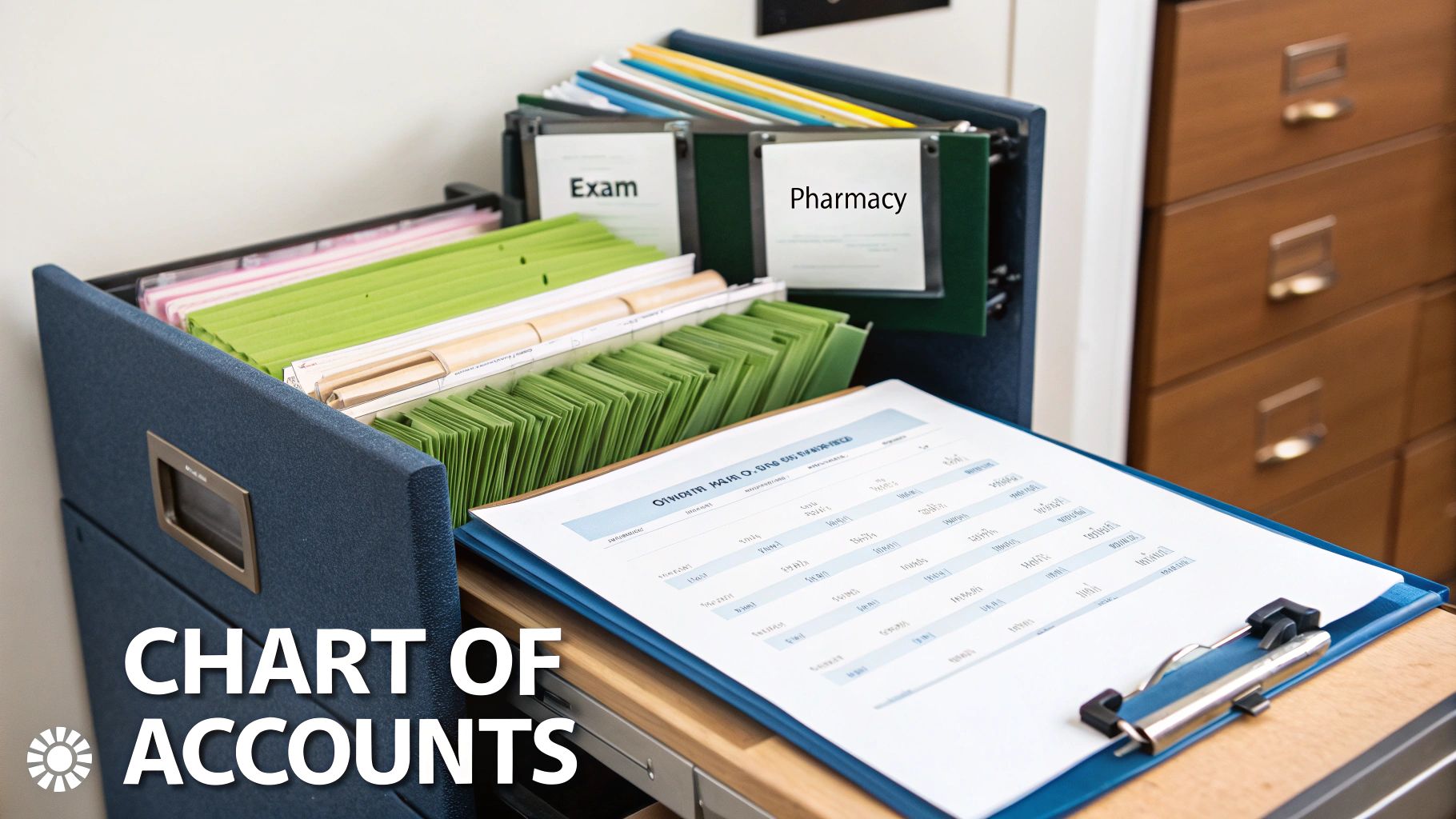 Organized file boxes, labeled binders for 'Exam' and 'Pharmacy', and a 'Chart of Accounts' document on a clipboard.