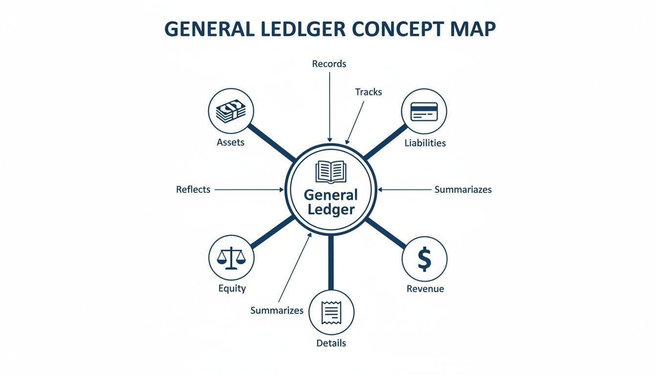 A concept map showing the general ledger at the center, connecting to assets, liabilities, equity, revenue, records, and details.