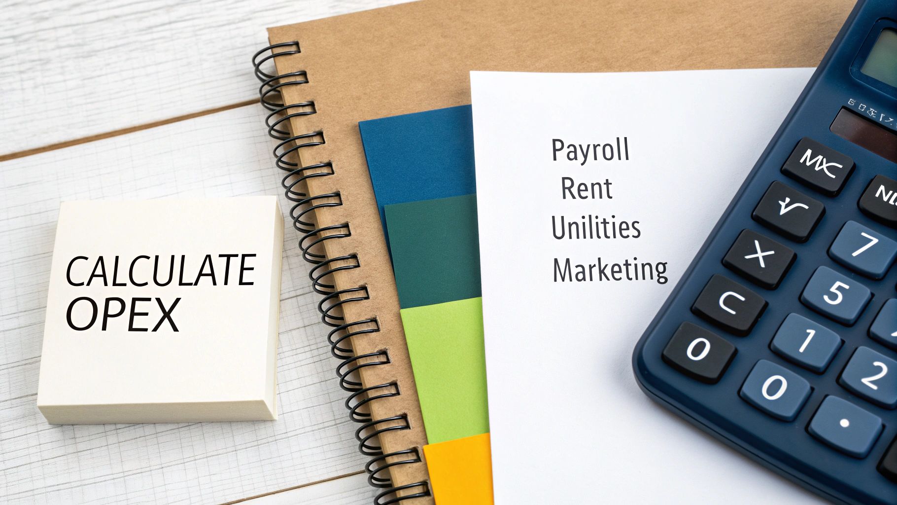 A note block reads 'CALCULATE OPEX' next to a list of expenses and a calculator.