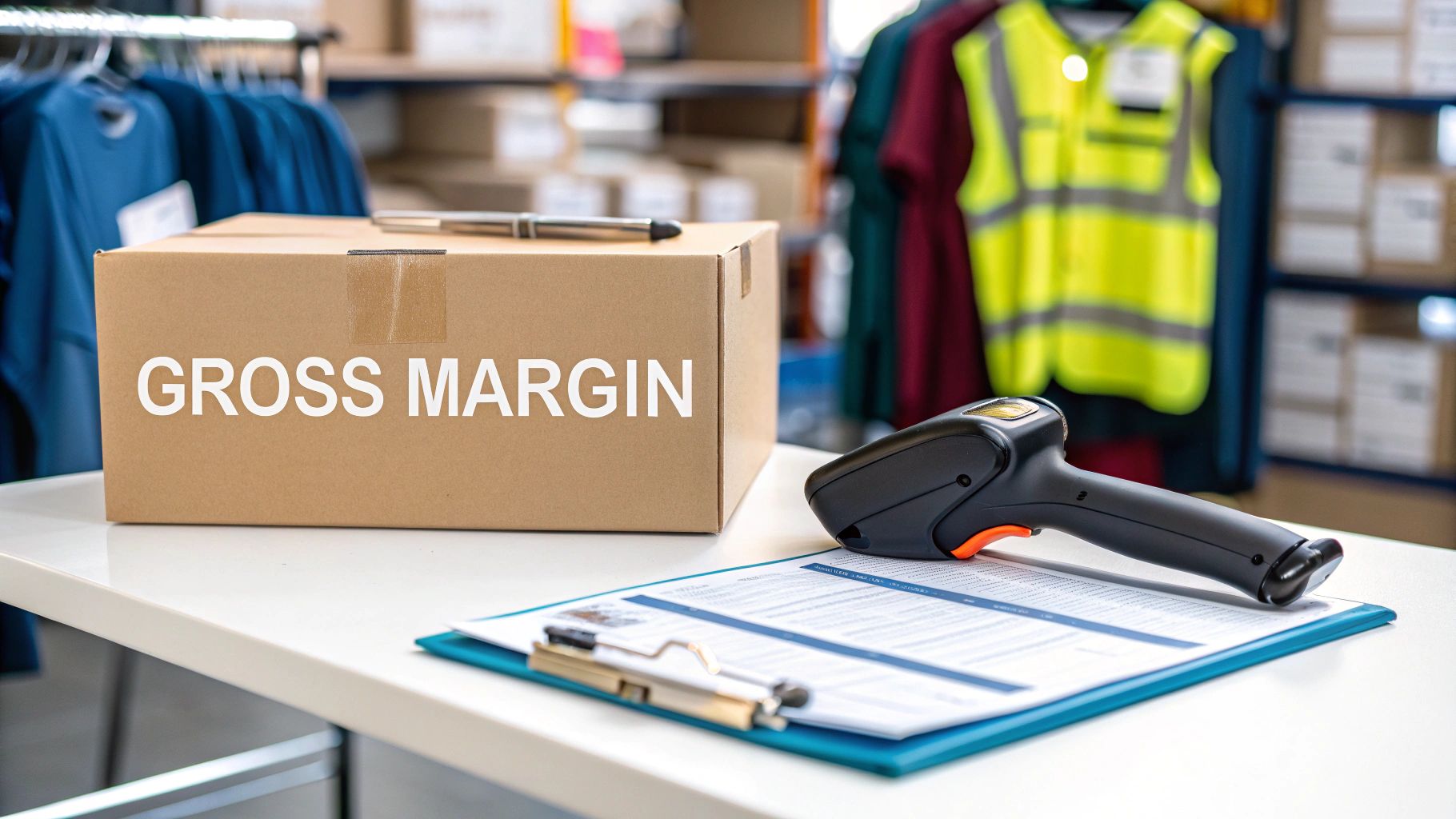 A cardboard box labeled 'GROSS MARGIN' on a desk with a barcode scanner and clipboard.