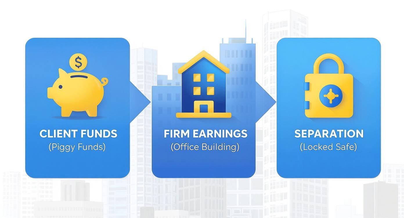 Diagram illustrating the separation of client funds from firm earnings, secured in a locked safe.