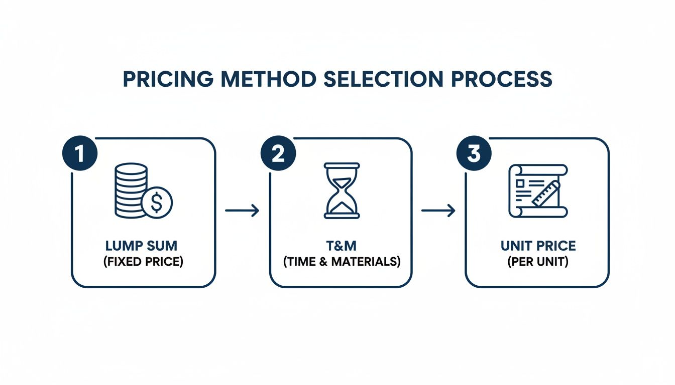 Flowchart illustrating the pricing method selection process, featuring Lump Sum, T&M, and Unit Price options.