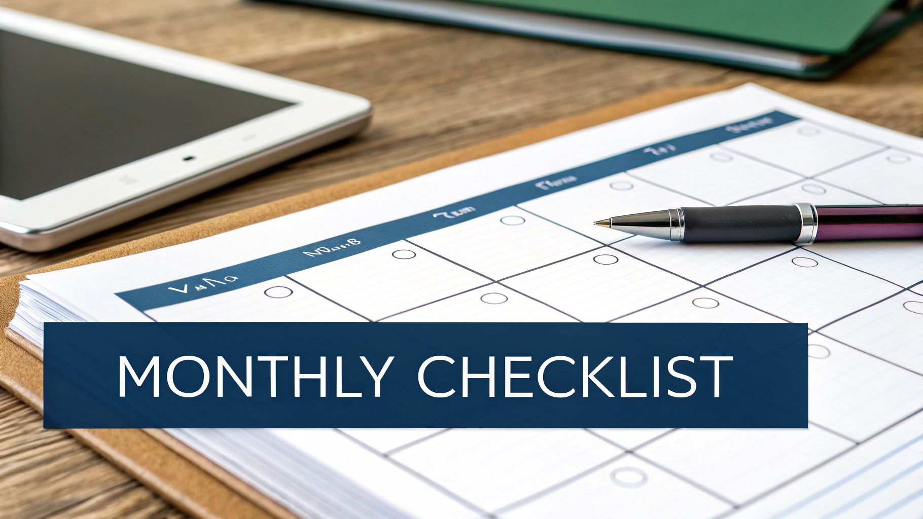 A pen rests on a paper monthly checklist or calendar, with a tablet and notebook in the background.