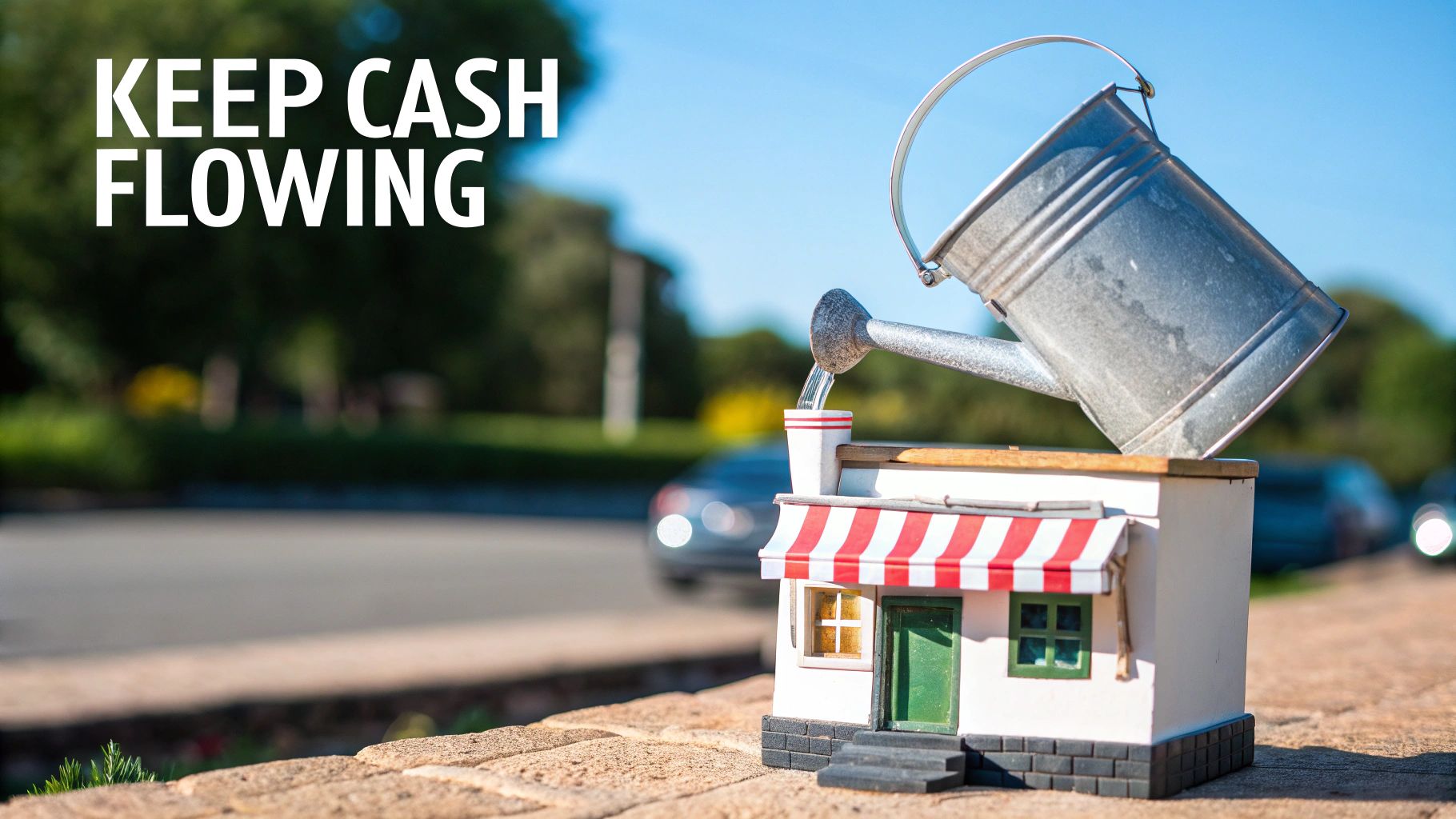 A watering can pours water into a miniature business, illustrating the concept of keeping cash flowing.
