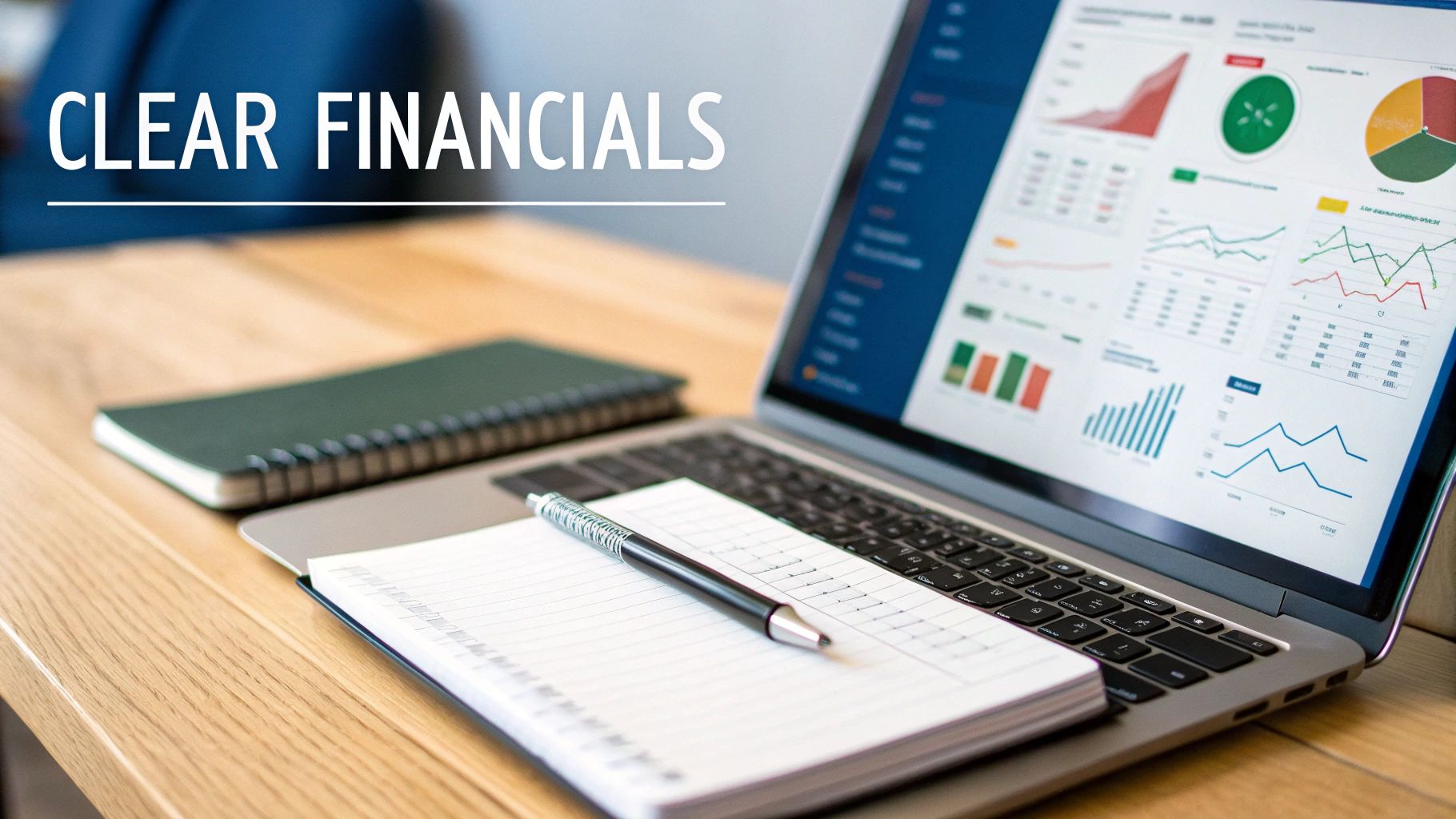 A laptop screen displays various financial charts and graphs, alongside a notebook and pen on a wooden desk.