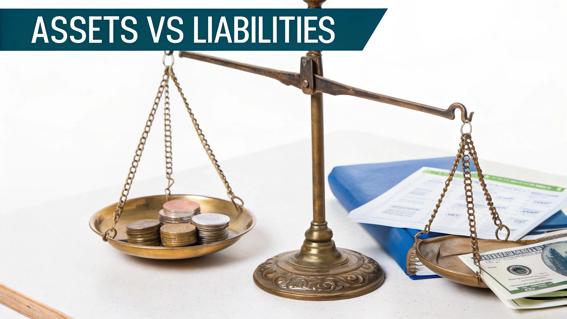 A balance scale weighing coins representing assets against dollar bills and documents representing liabilities.