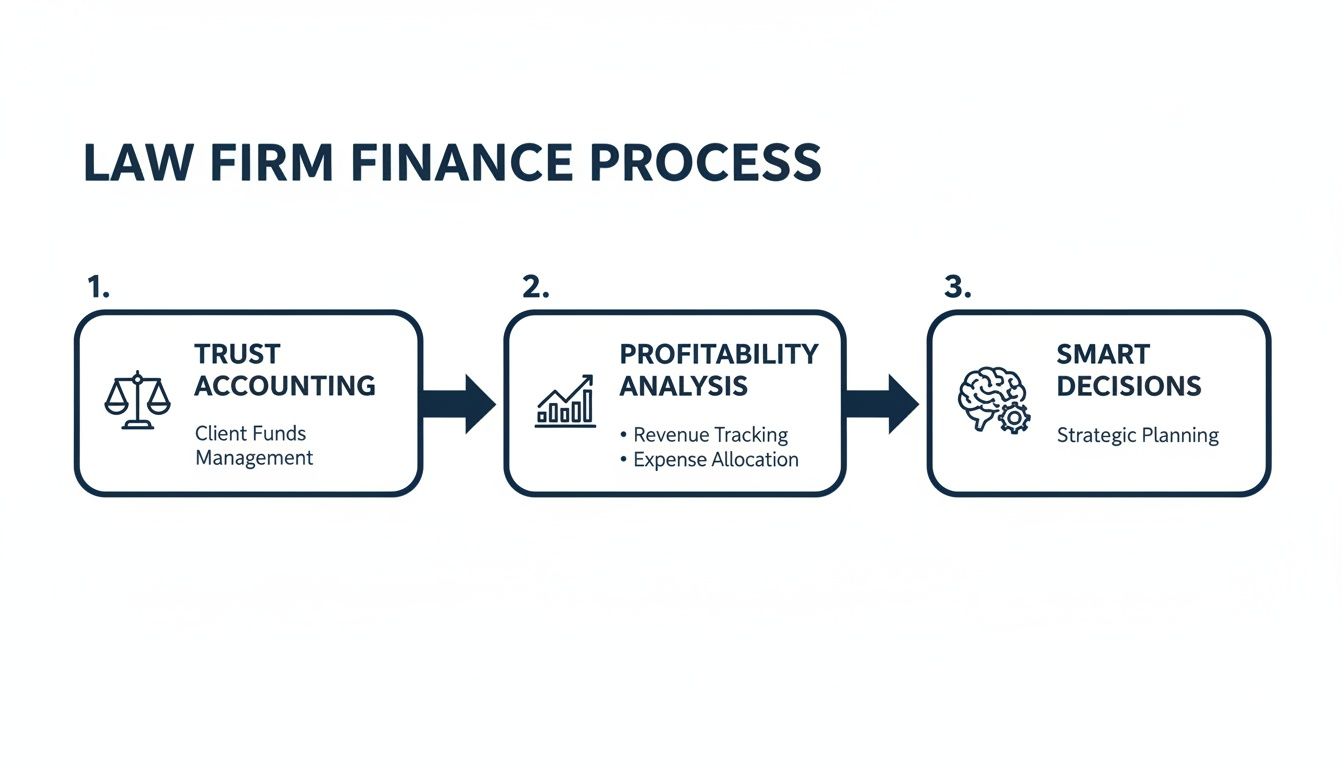Flowchart outlining the three-step law firm finance process: trust accounting, profitability analysis, and smart decisions.