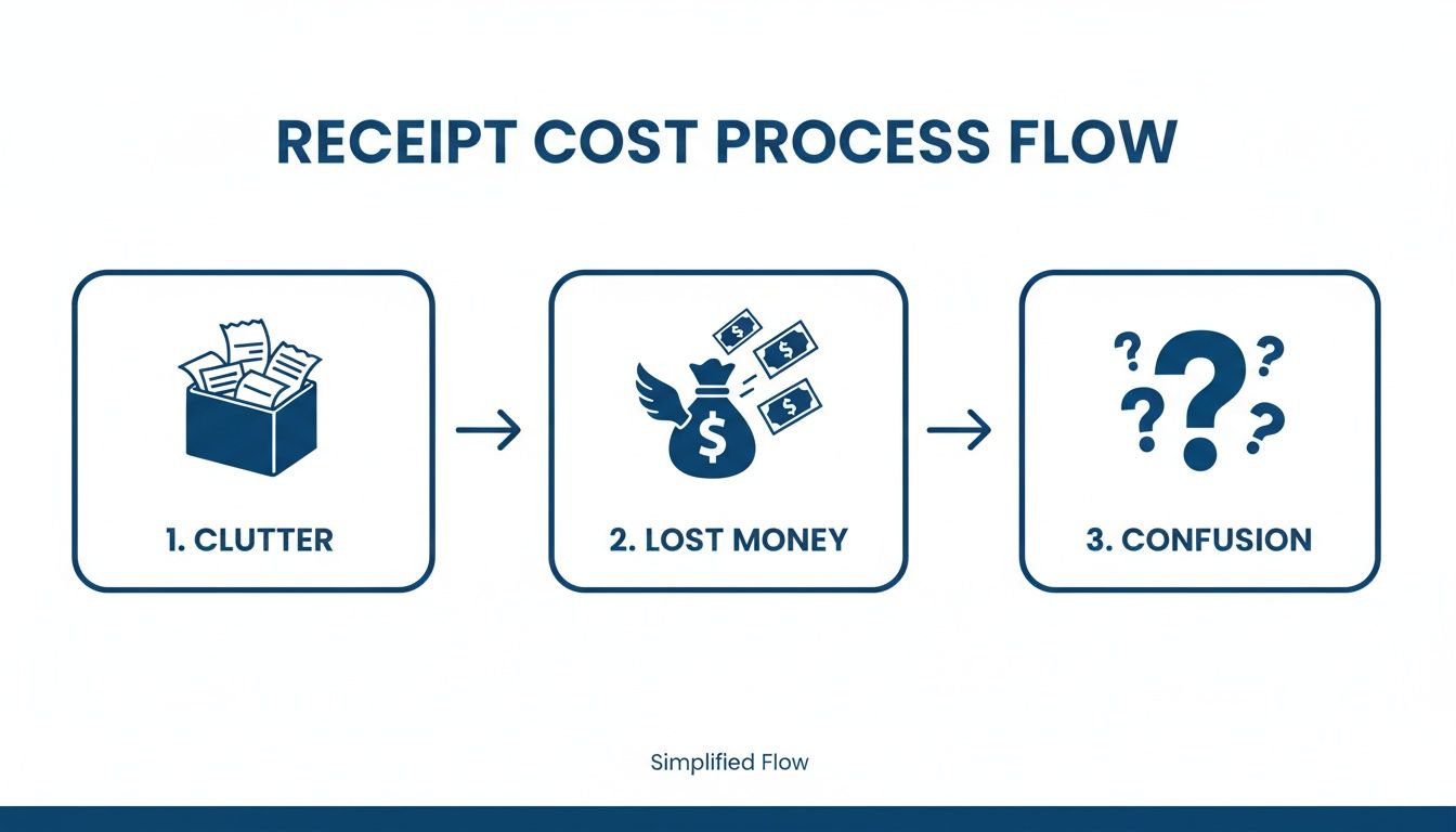 Flowchart illustrating how receipt clutter leads to lost money and confusion in a business process.