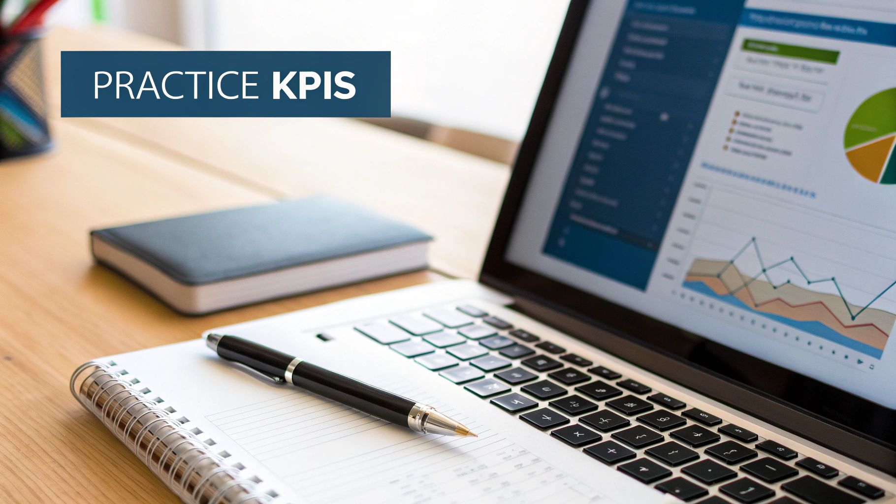 Laptop displaying practice KPIs dashboard with charts and graphs on desk with notebook