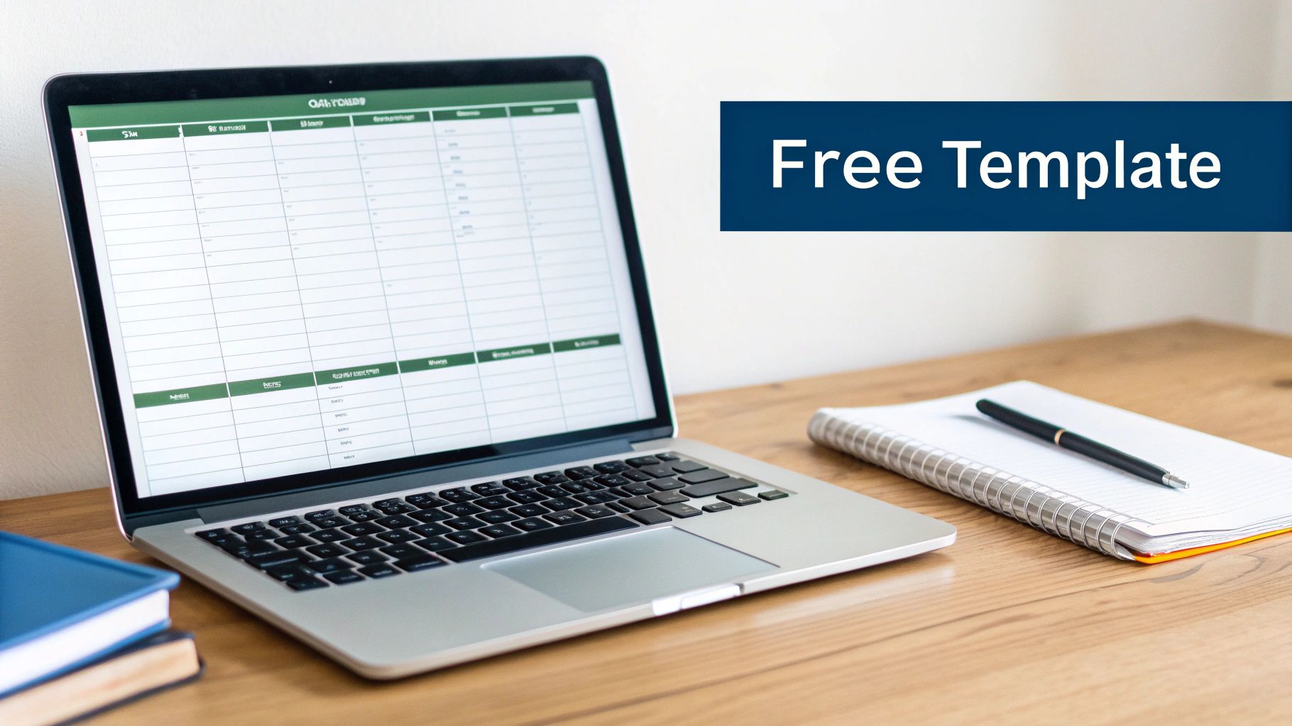 A laptop screen displaying a detailed spreadsheet template on a wooden desk with a 'Free Template' banner.