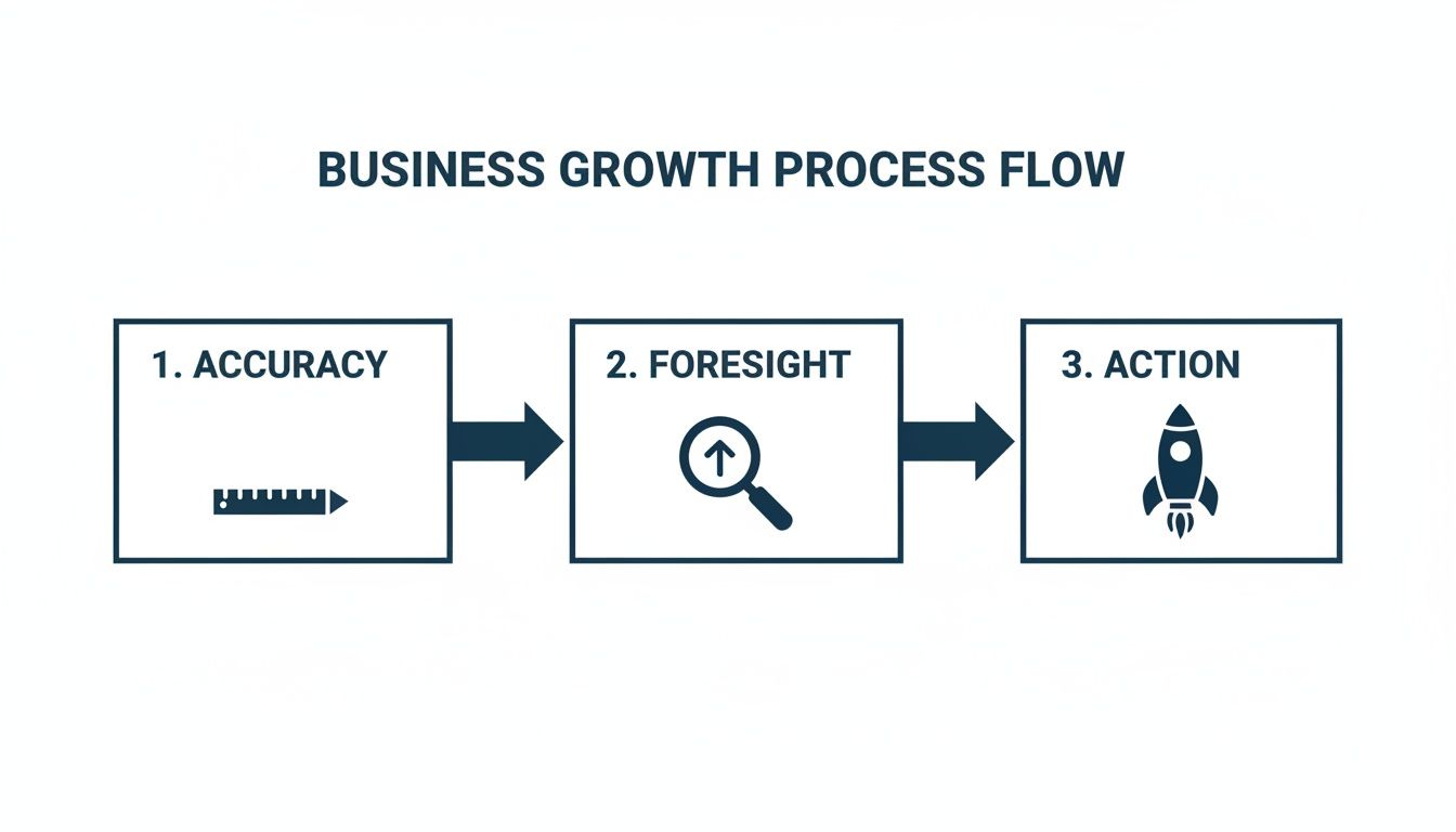 Business growth process flow diagram illustrating steps: Accuracy, Foresight, and Action with icons.