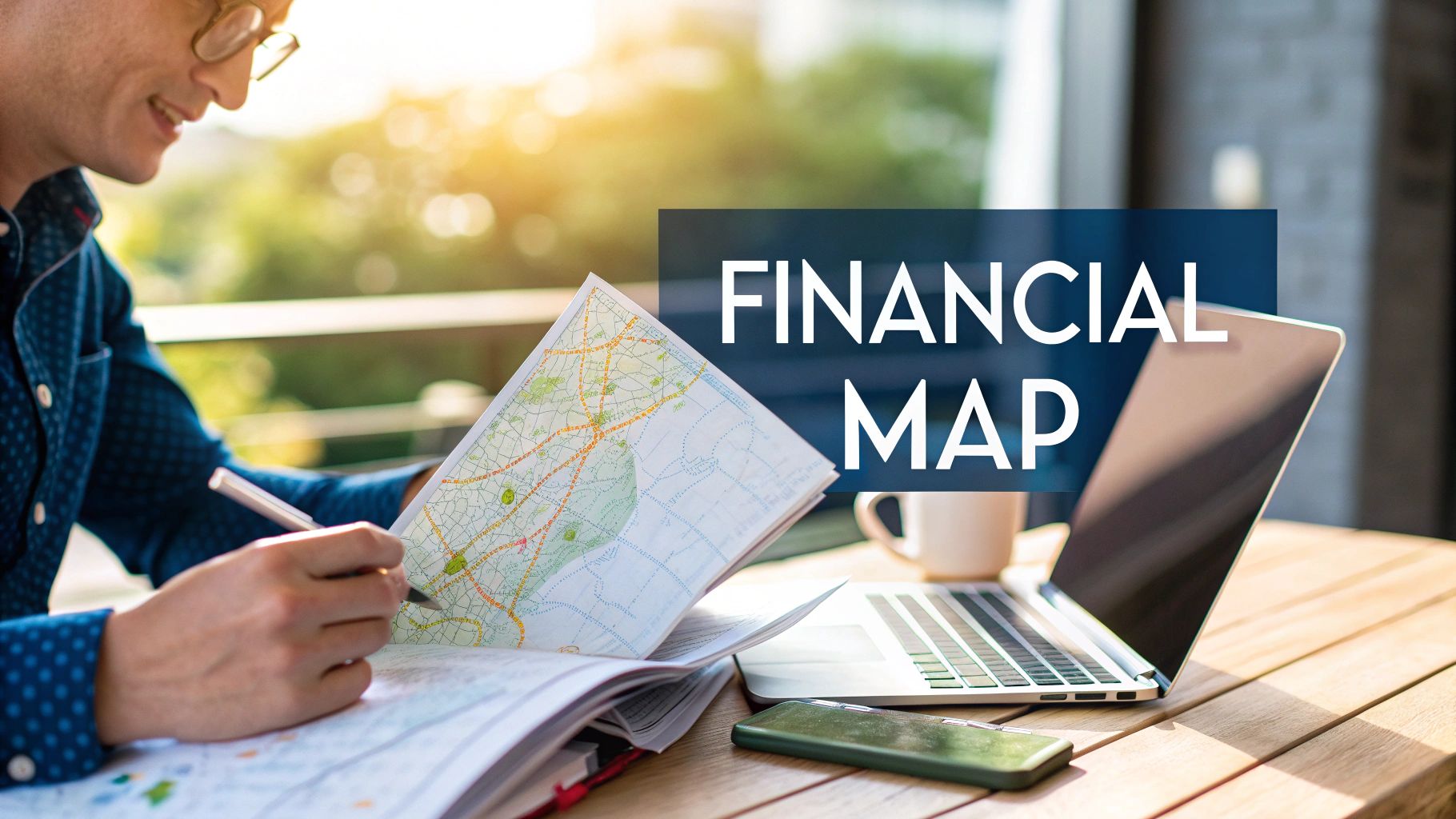 A man in glasses studies a financial map with a pen, next to a laptop and smartphone.