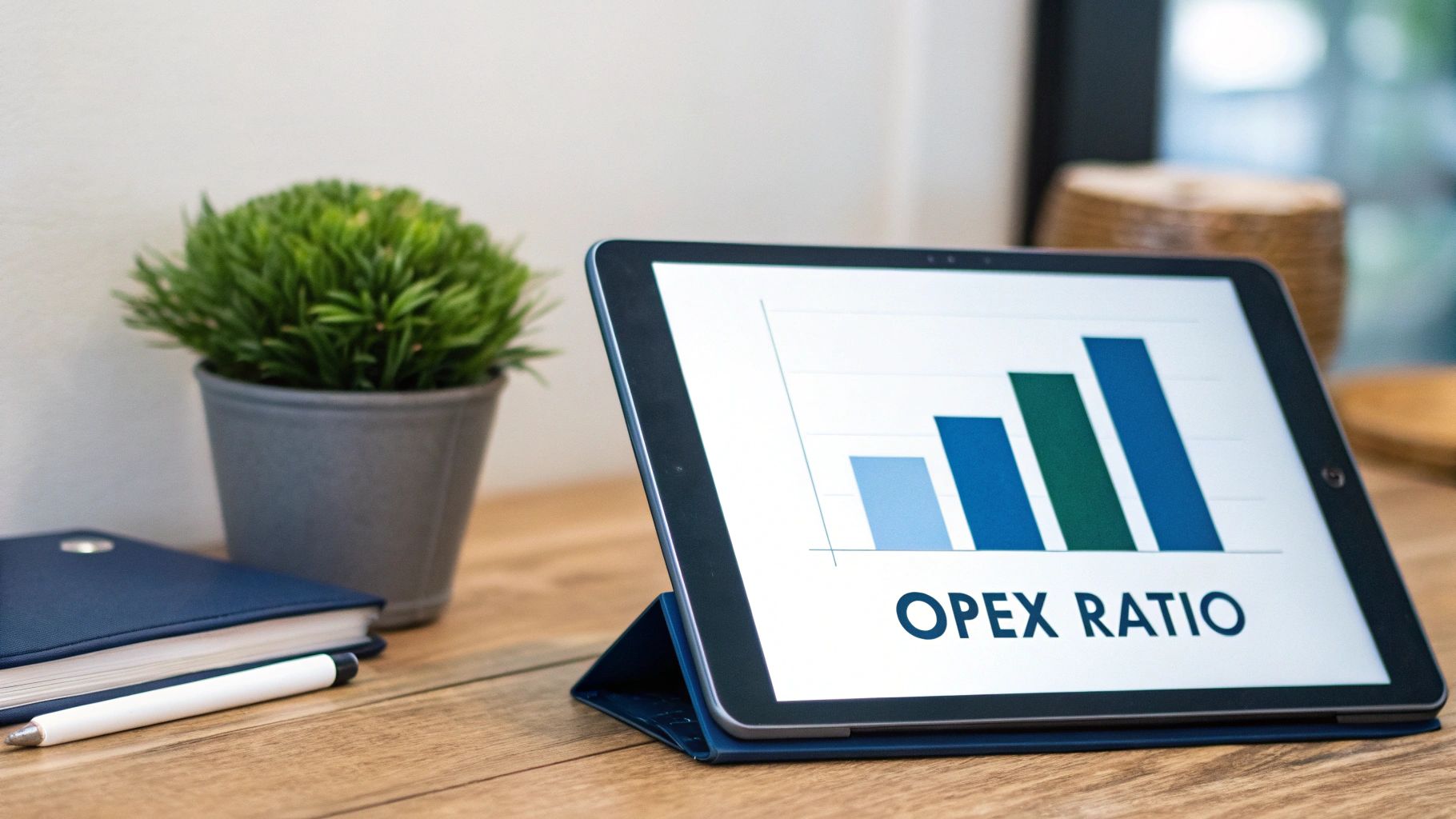 A tablet on a wooden desk displays a bar chart with increasing values and 'OPEX RATIO' text, beside a green potted plant and a blue notebook with a pen.