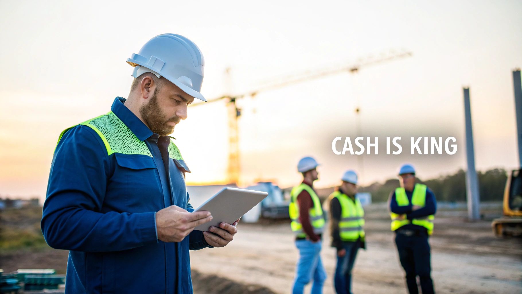 A construction worker in a hard hat and safety vest reviews plans on a tablet at a construction site.