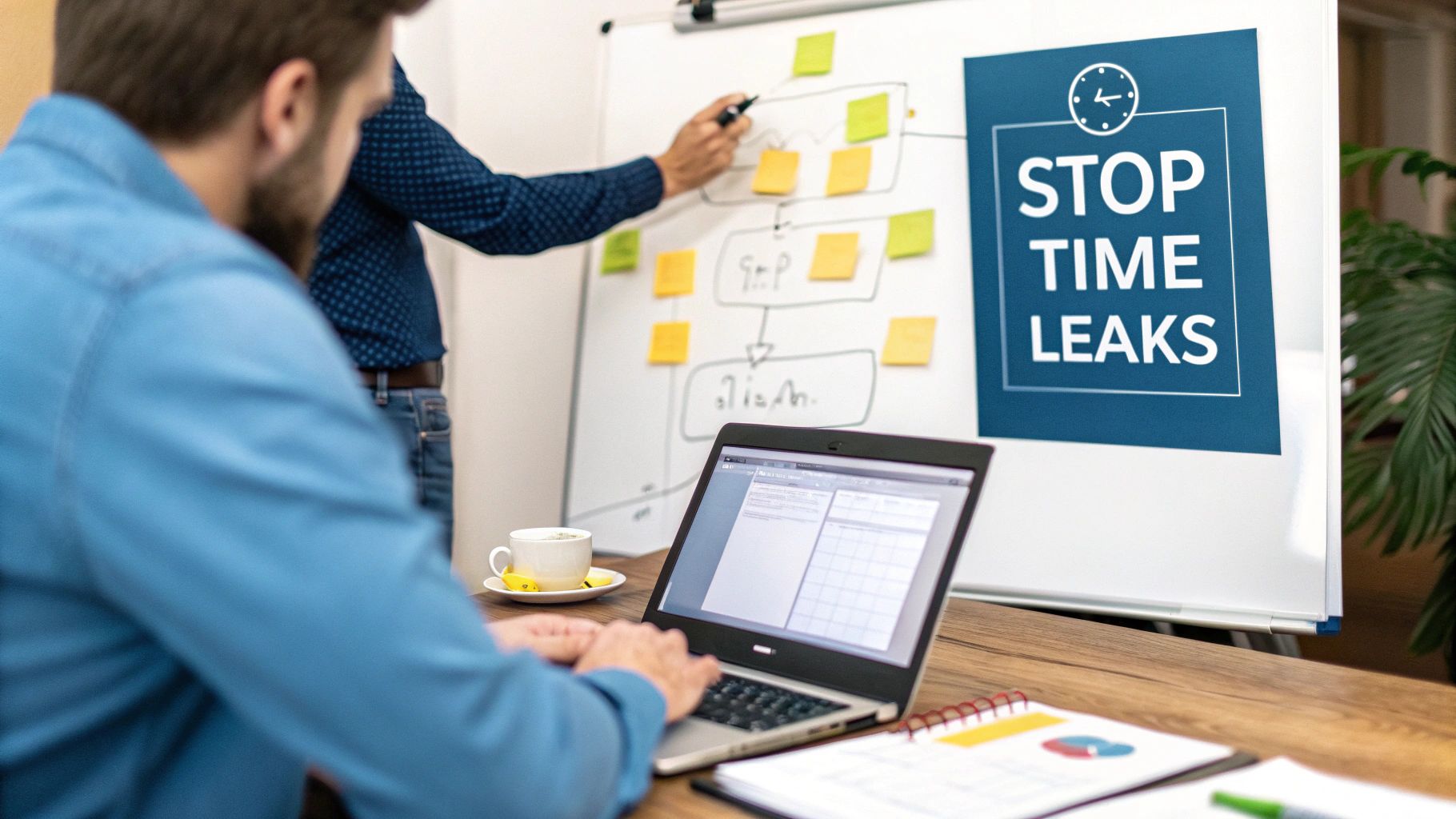 Two people in an office, one on laptop, the other pointing at a 'STOP TIME LEAKS' whiteboard.