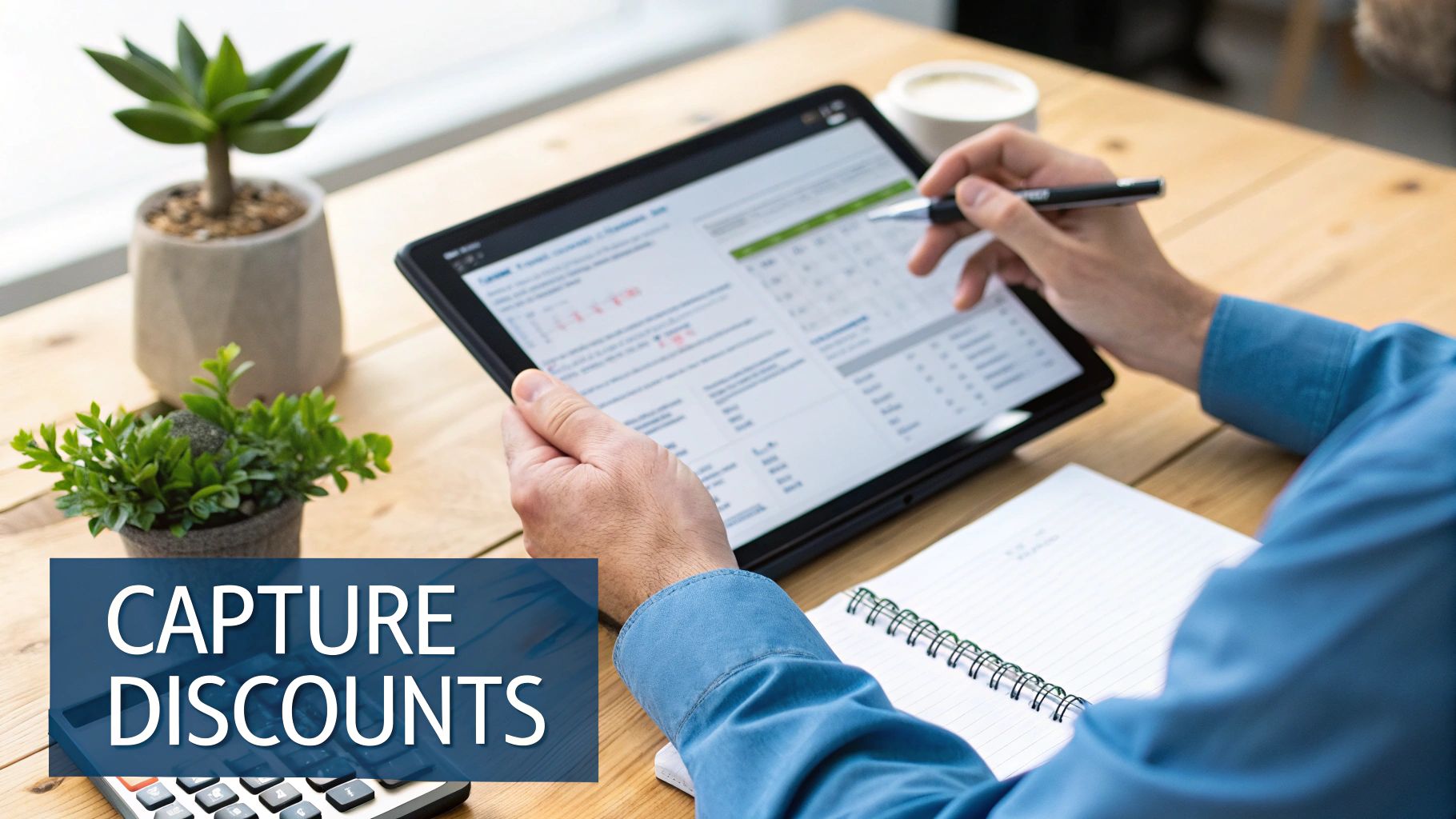 Hands using a stylus on a tablet displaying financial information, with text 'Capture Discounts'.