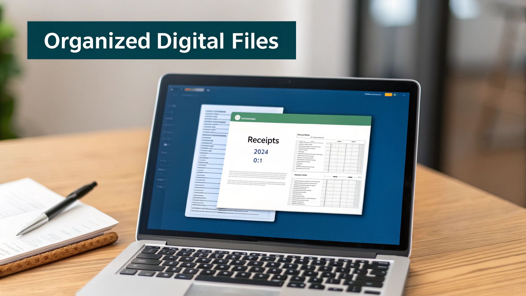A laptop on a wooden desk displaying a digital receipts file for 2024, emphasizing organization.
