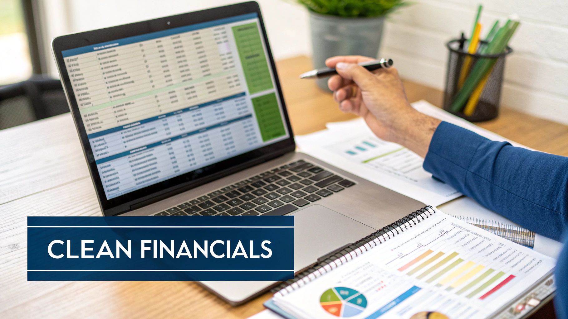 Professional reviewing financial data on a laptop and charts on a notebook, highlighting clean financials.
