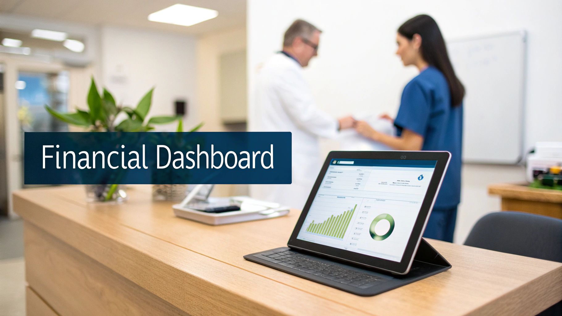 A tablet displaying a financial dashboard with charts on a desk in a medical office.
