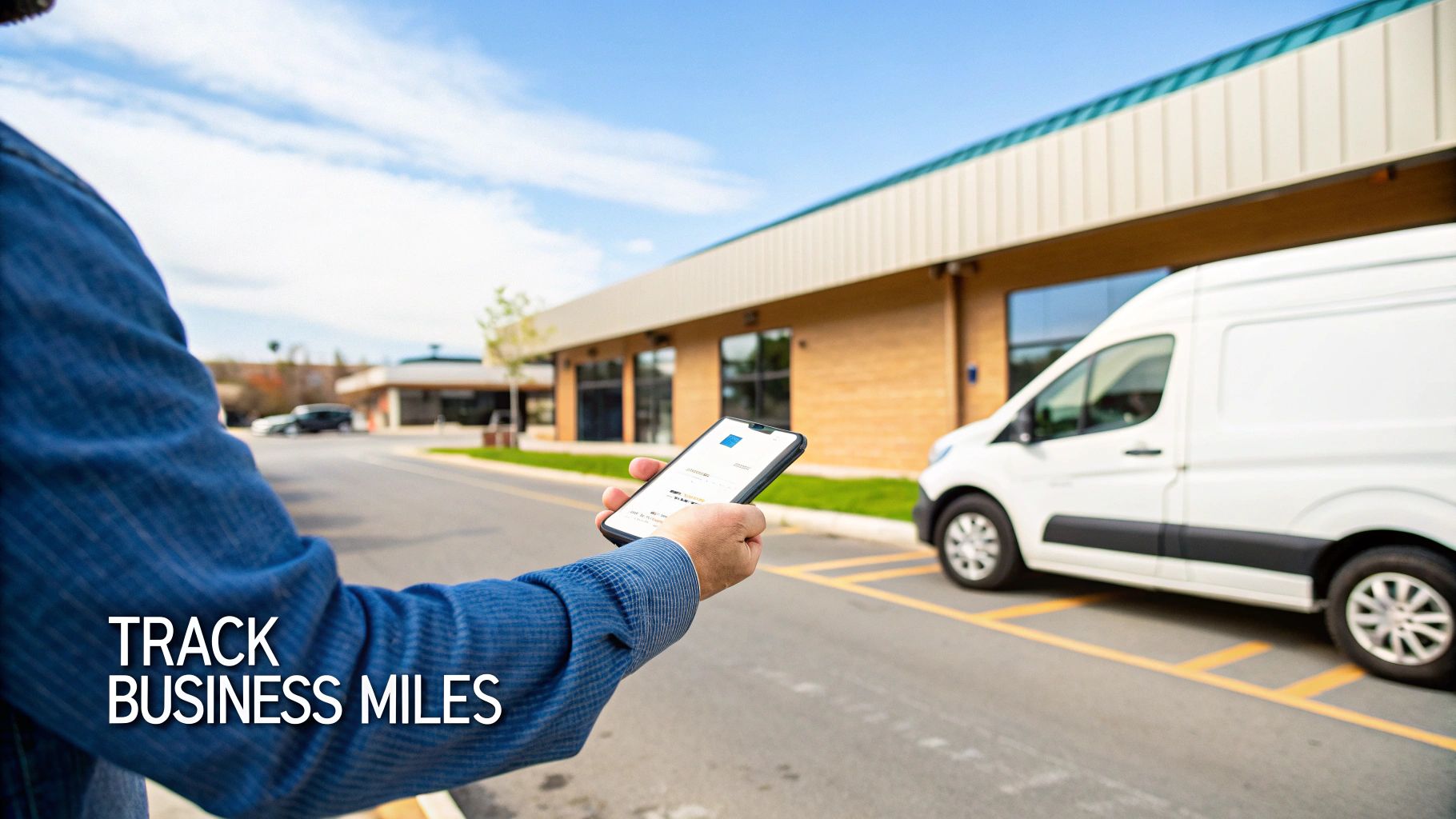 Person holding a smartphone to track business miles, with a white delivery van and building in the background.
