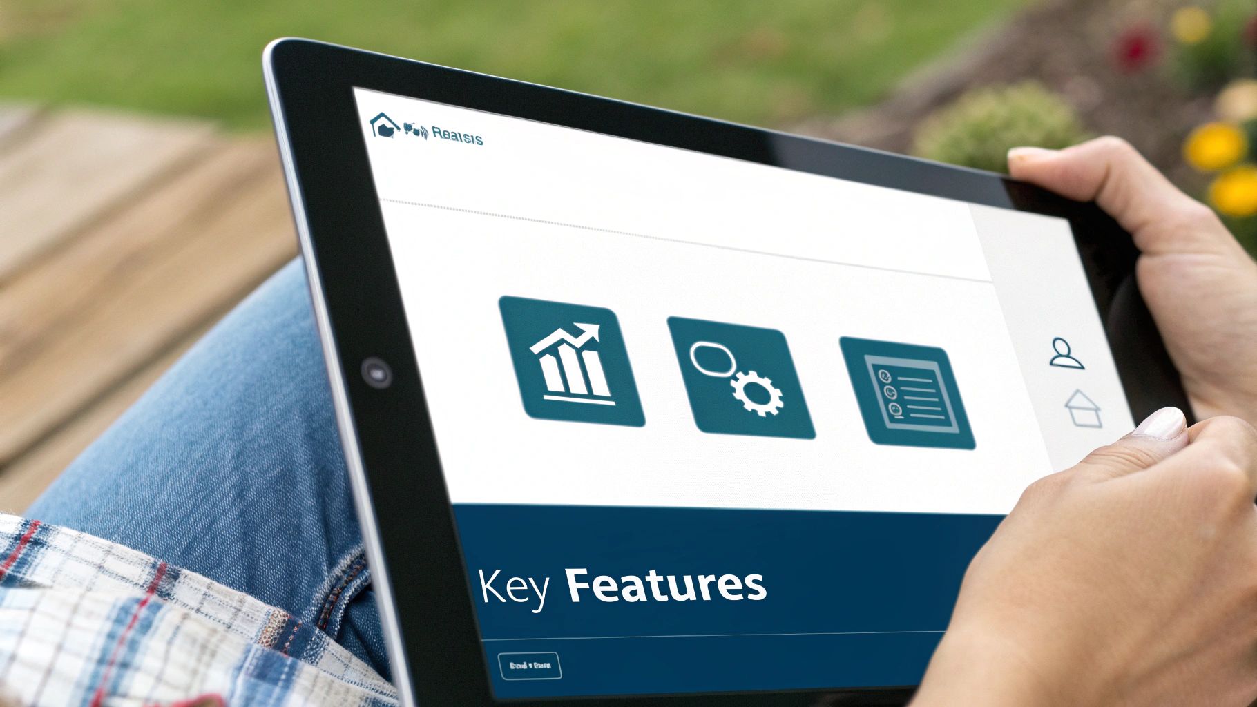 Person holding a tablet showing a 'Key Features' screen with icons for growth, settings, and lists.
