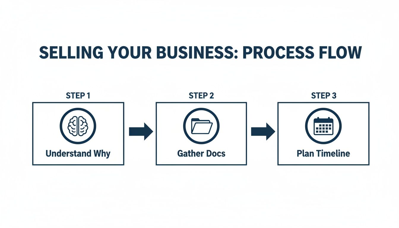 A three-step process flow for selling a business, outlining why, gathering documents, and planning.