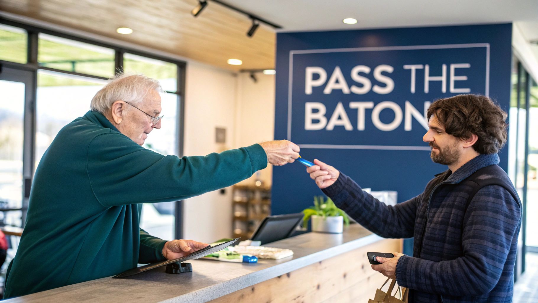An older man passes a blue card to a younger man across a counter.