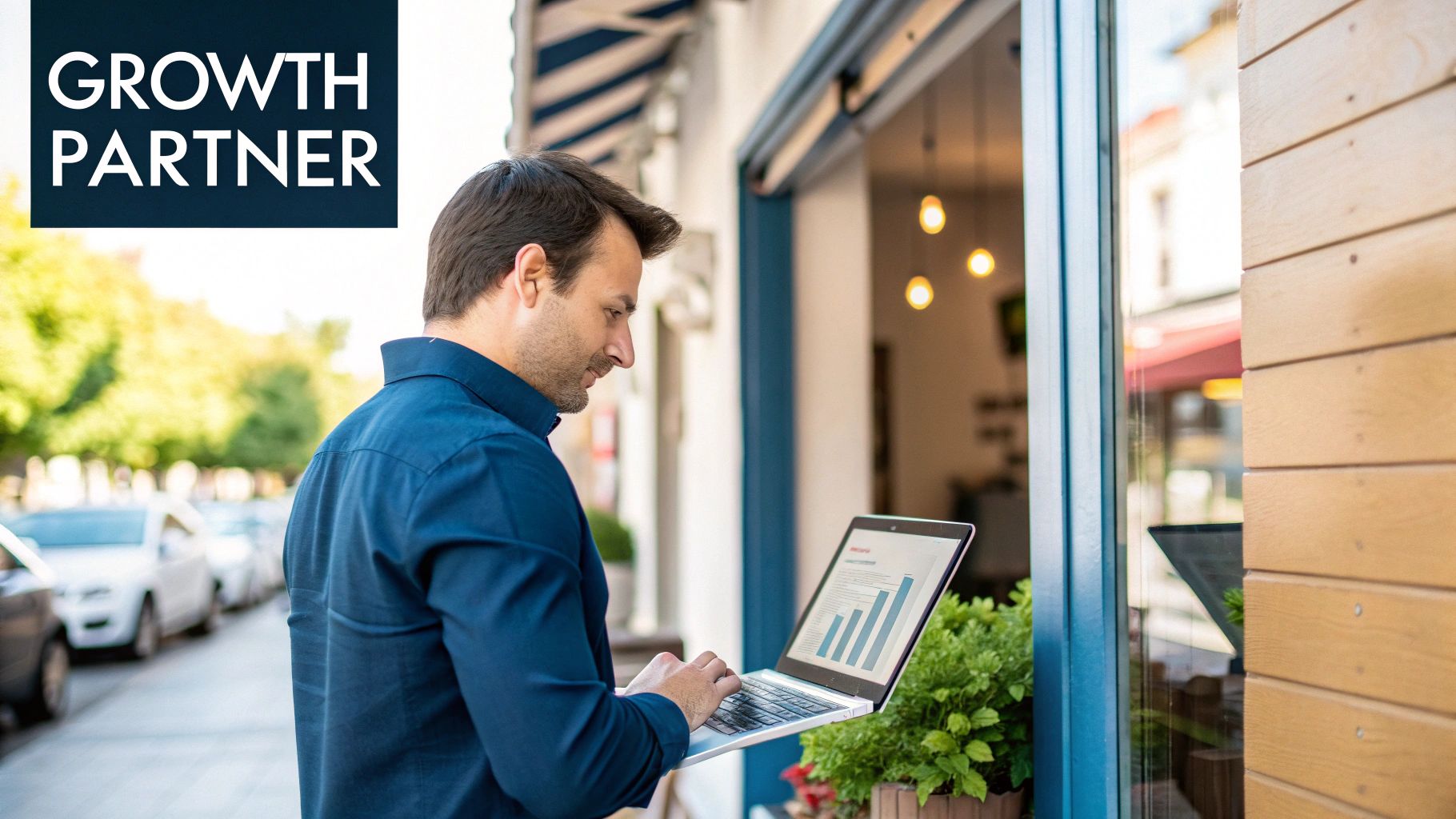 Man in blue shirt using a laptop with business charts near a 'GROWTH PARTNER' sign.