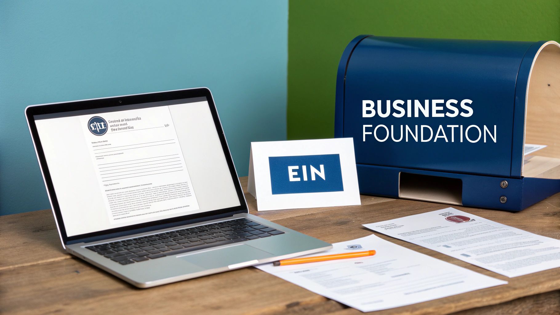 A laptop, documents, and a blue box labeled 'BUSINESS FOUNDATION' on a wooden desk, symbolizing business setup.