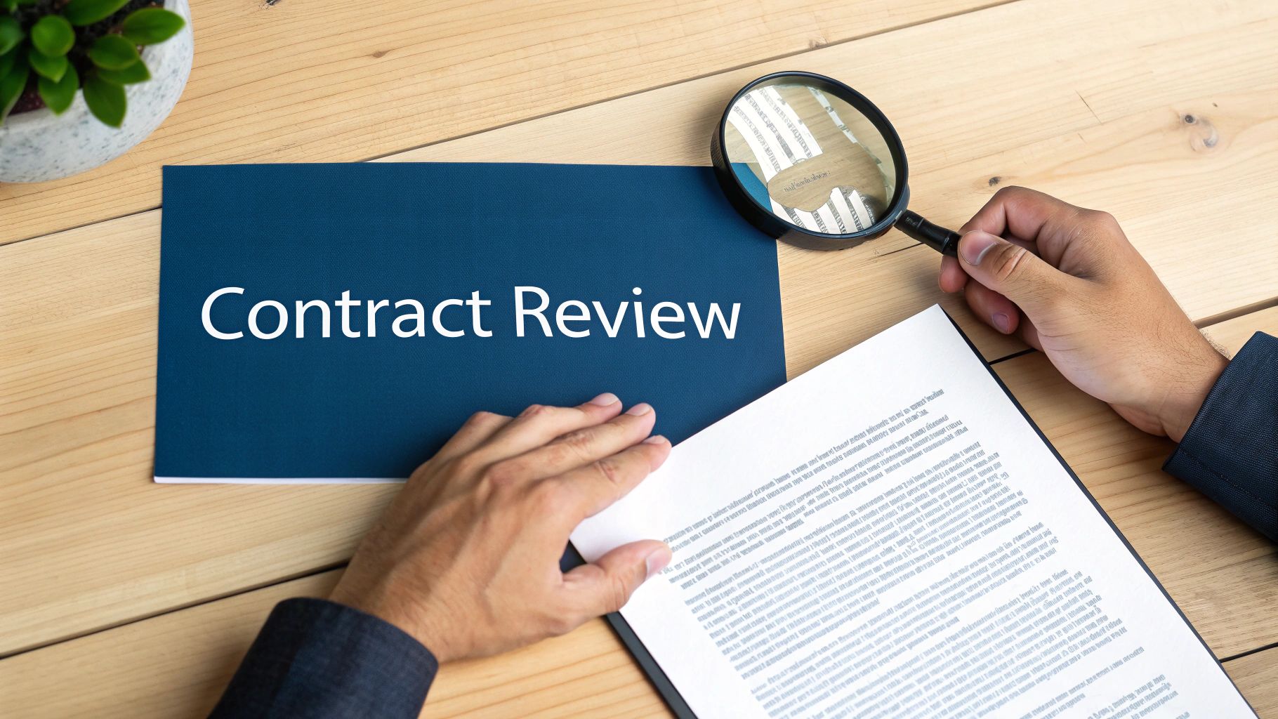 Hands reviewing a blue folder labeled 'Contract Review' with a magnifying glass on a light wooden desk.