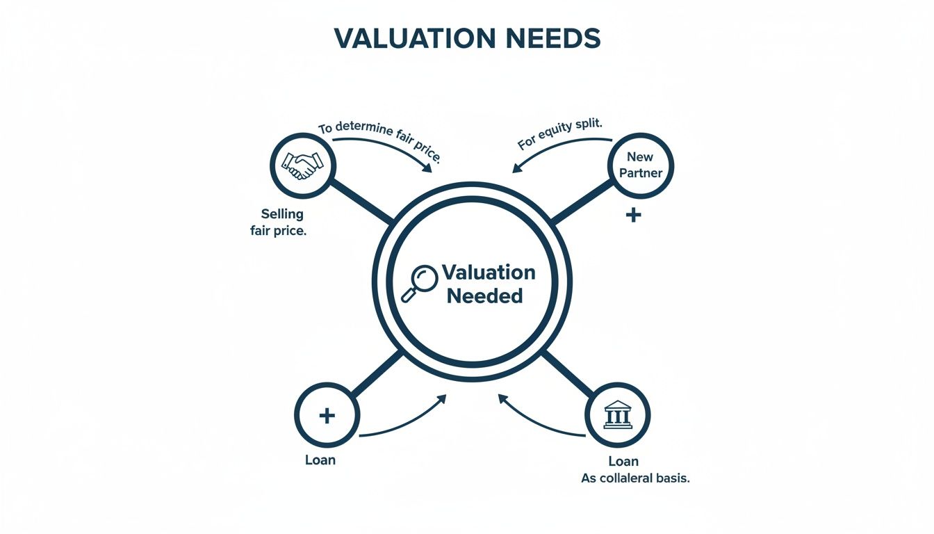 A diagram illustrating various business valuation needs for selling, new partners, and loans.