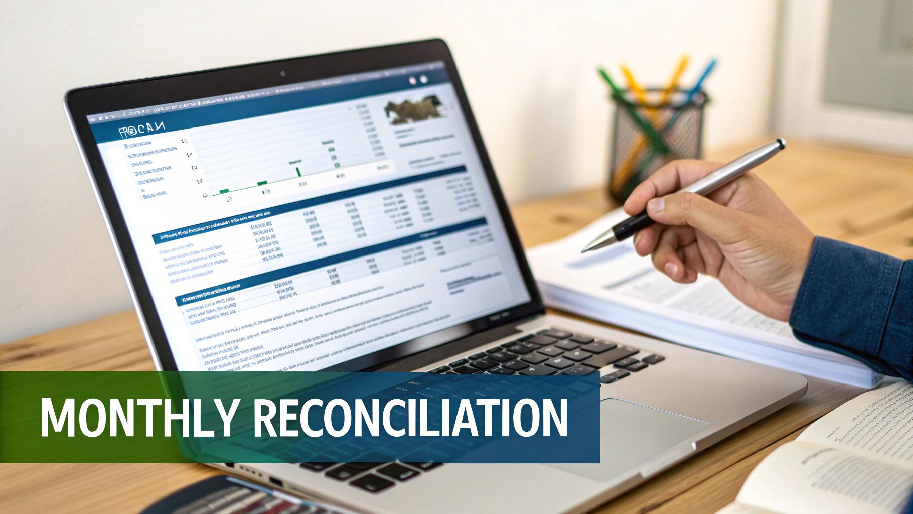 A person's hand holding a pen, reviewing financial data on a laptop for monthly reconciliation.