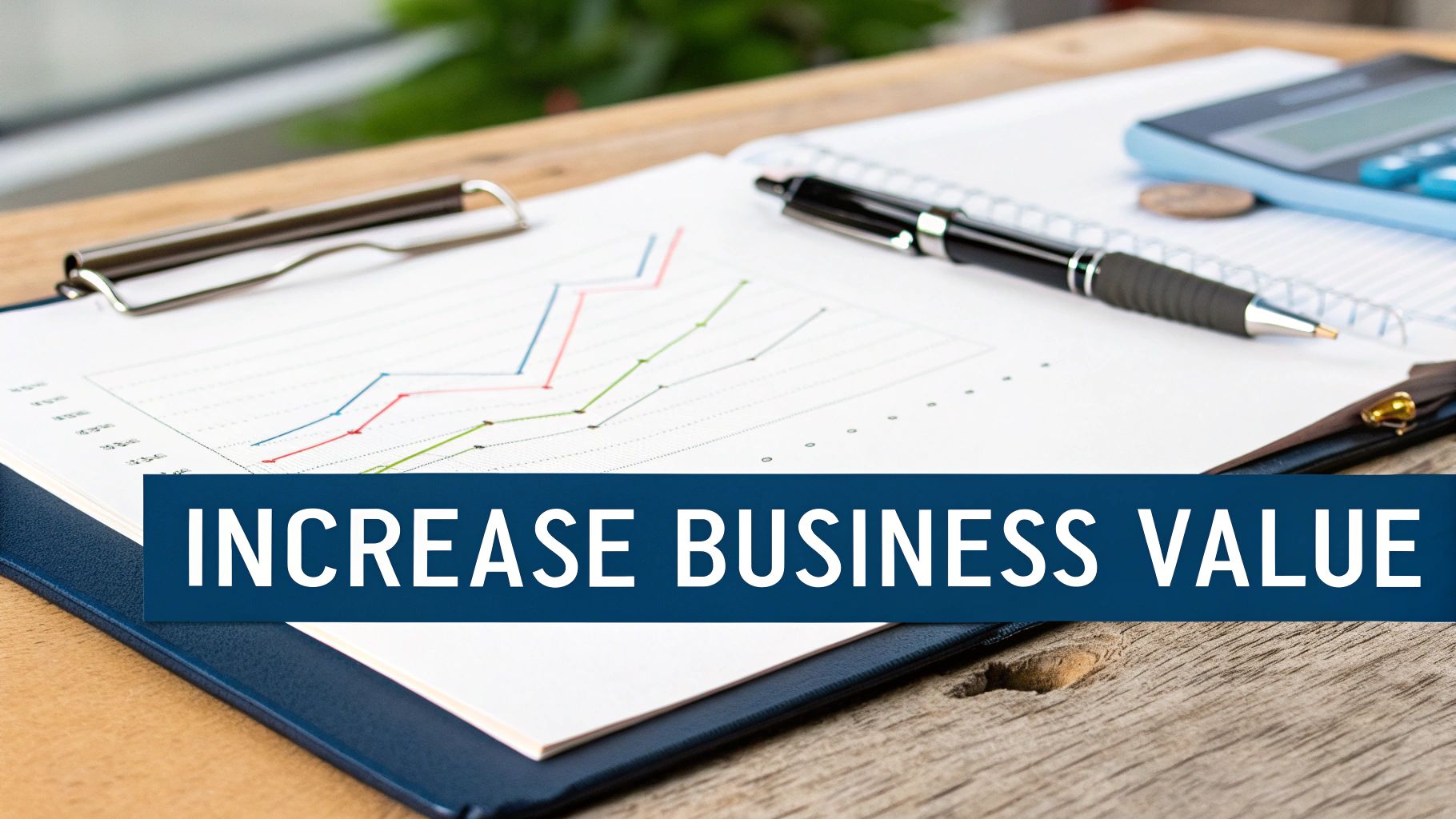 A business graph, pen, and calculator on a desk with a banner saying 'INCREASE BUSINESS VALUE'.