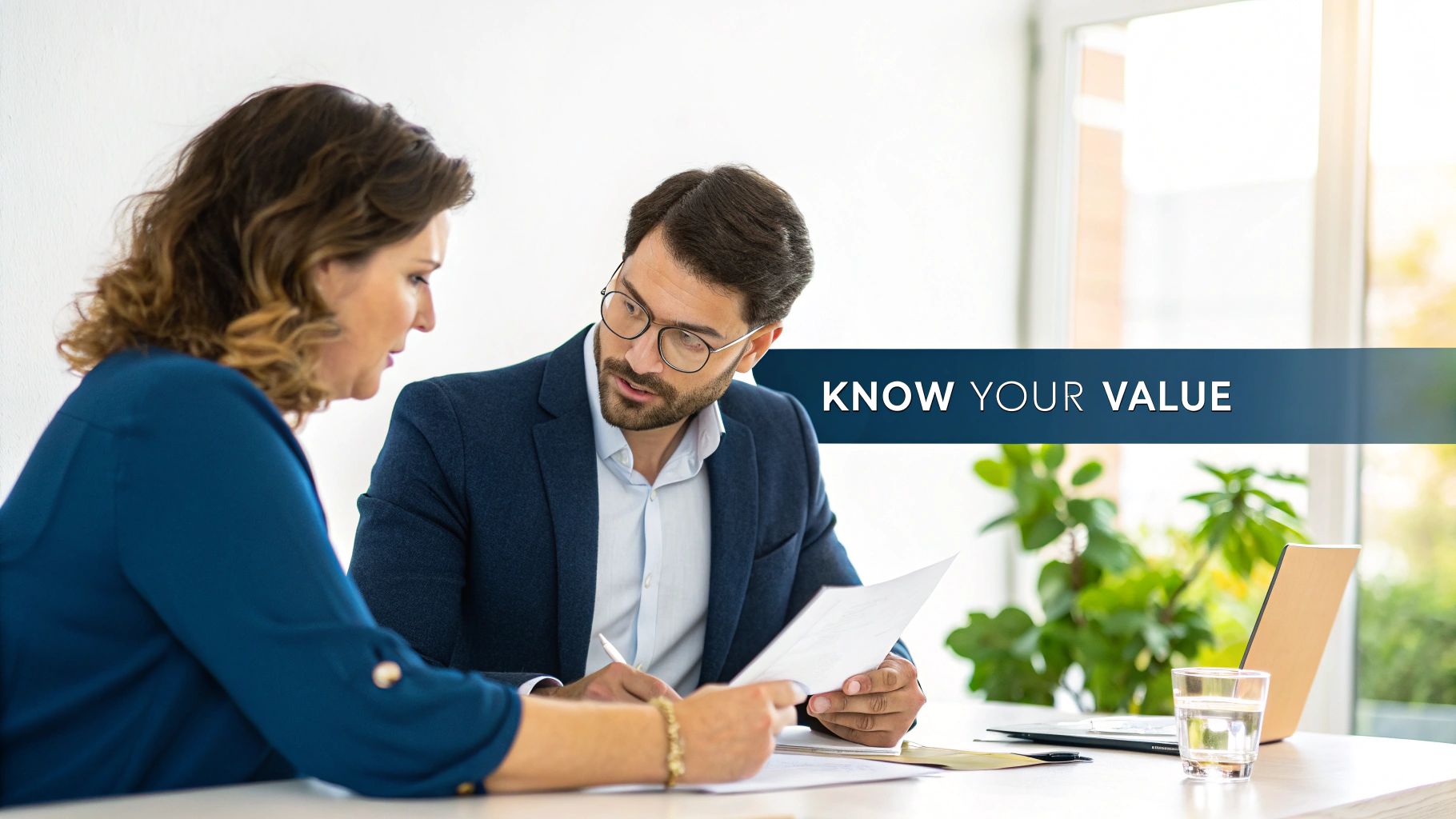 Two business professionals discussing documents, focusing on value and collaboration in an office setting.