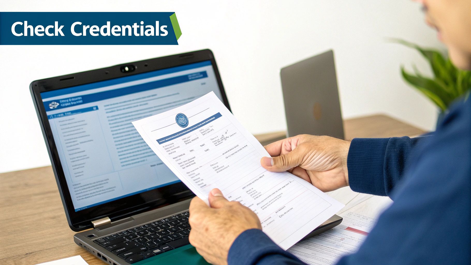 A person checking credentials on a physical document against information displayed on a laptop screen.