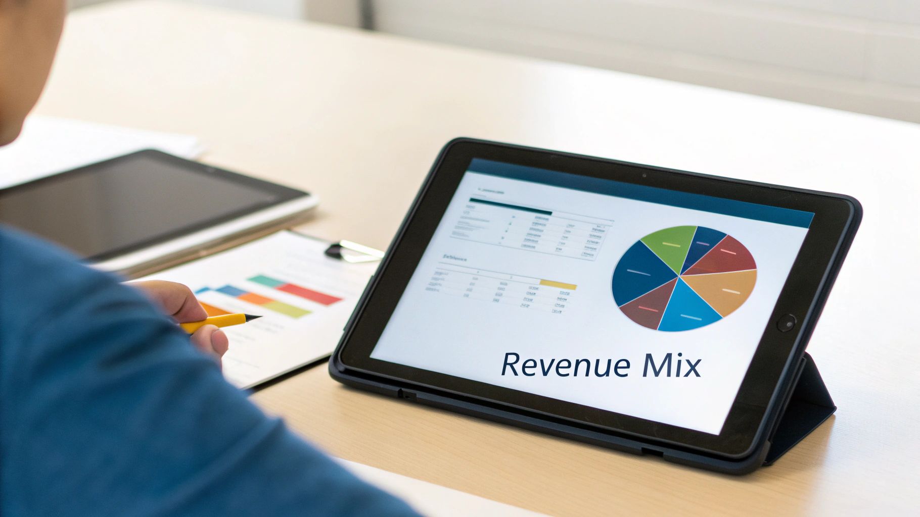A person analyzes business data on a tablet showing a 'Revenue Mix' pie chart and financial reports.