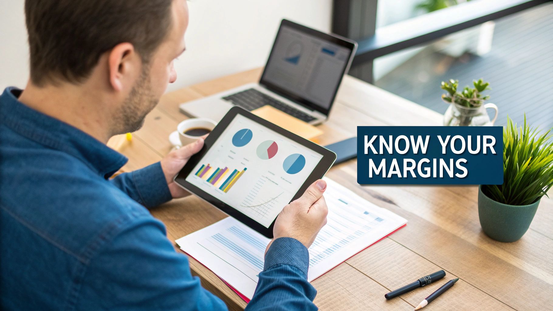 A man in a blue shirt analyzes business charts on a tablet at a wooden desk.