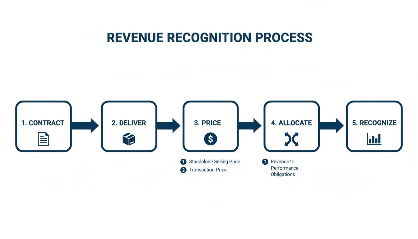 A flowchart illustrating the 5-step revenue recognition process: contract, deliver, price, allocate, recognize.