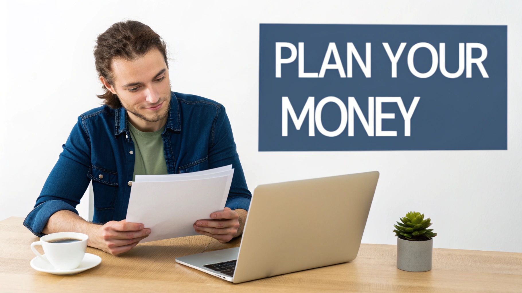 Young man reviewing financial documents at desk with laptop planning budget