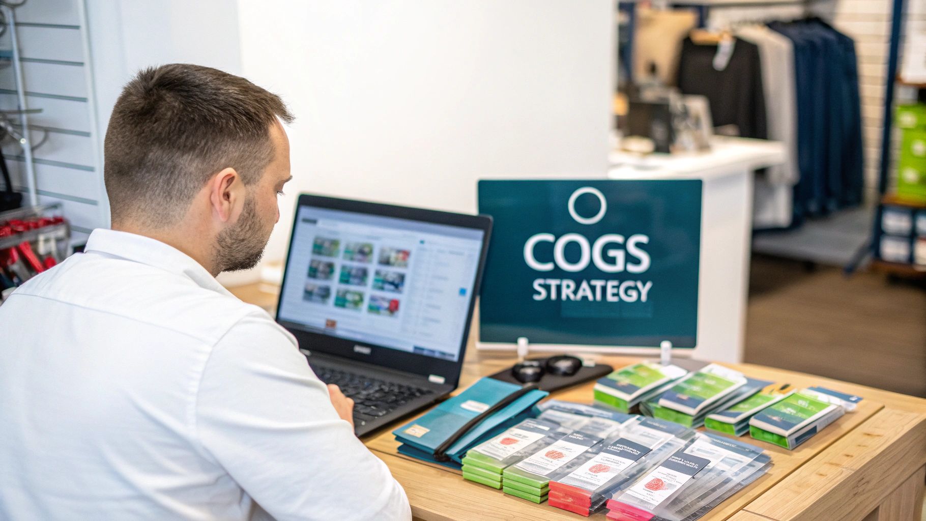 A man working on a laptop at a desk with branded materials, including a "COGS STRATEGY" sign.