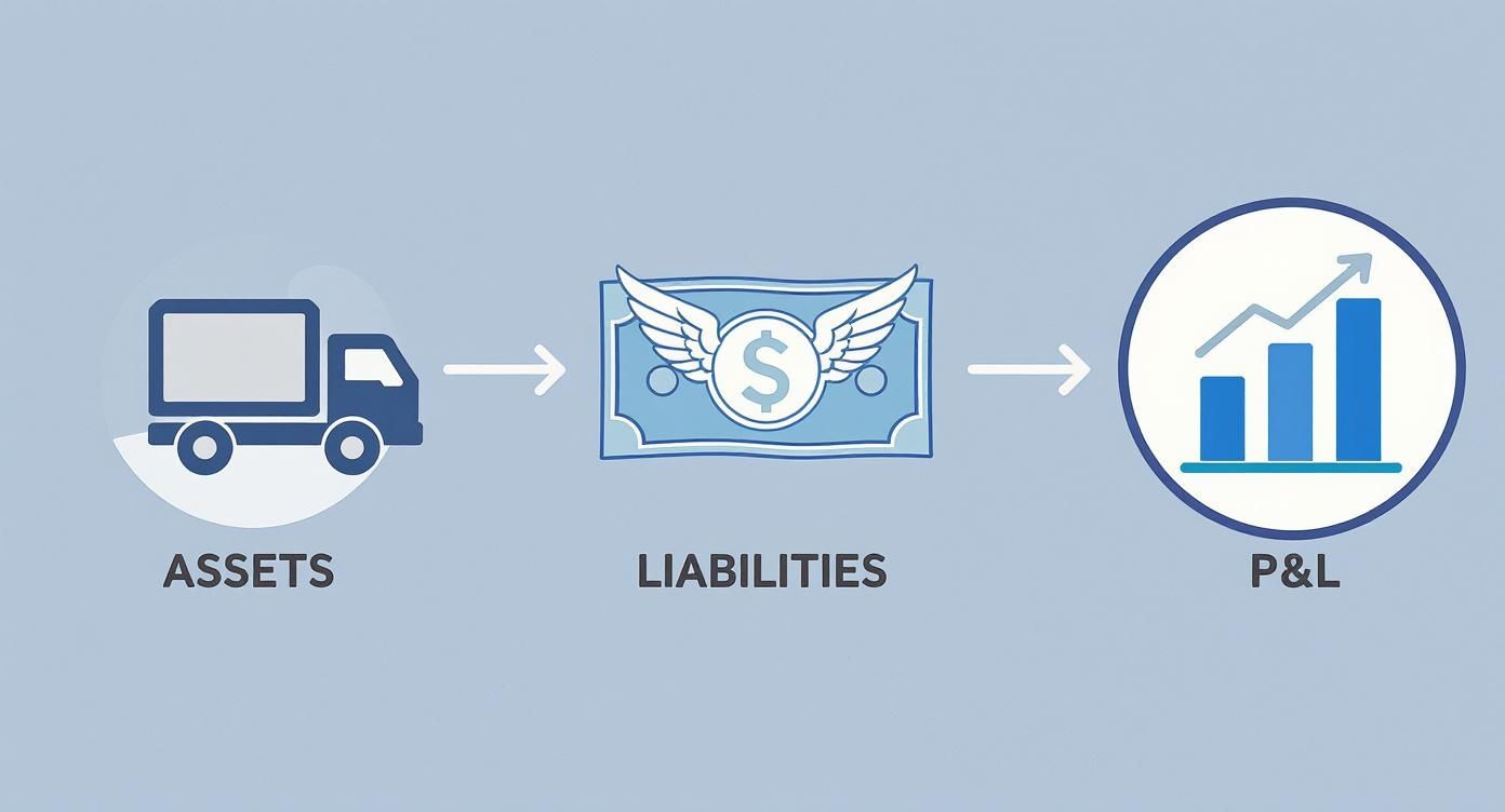 Flowchart illustrating the relationship between assets, liabilities, and profit and loss (P&L) in business finance.