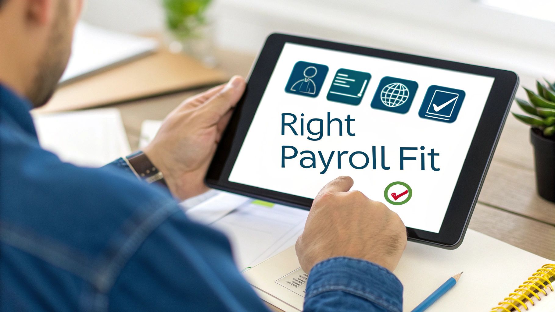 A person holds a tablet displaying 'Right Payroll Fit' text and related business icons, emphasizing solution selection.