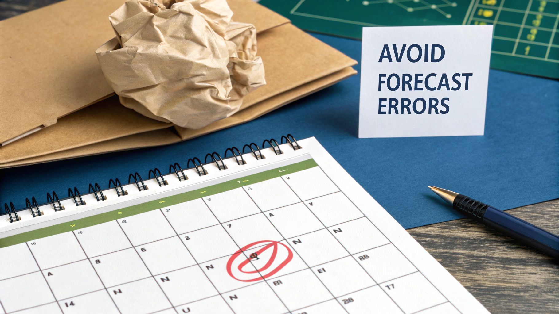 A desk with a calendar, pen, crumpled paper, and a card saying 'AVOID FORECAST ERRORS'.