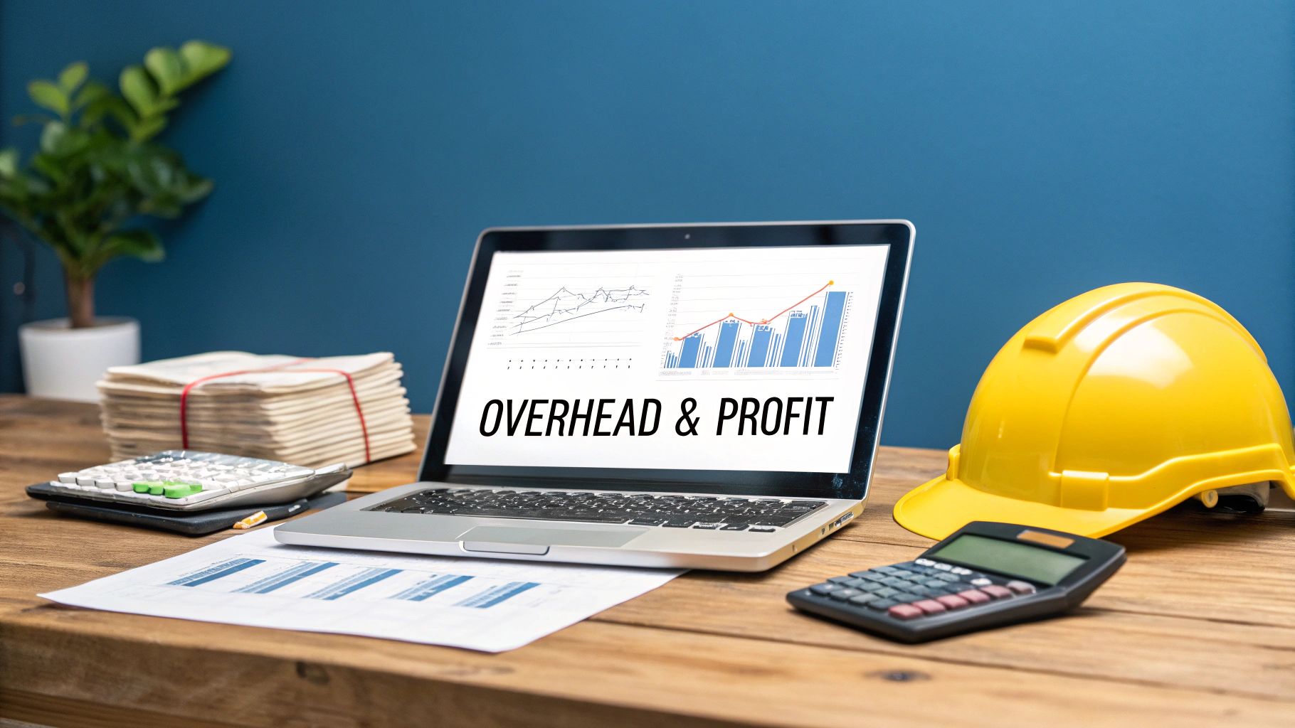 Laptop screen showing 'Overhead & Profit' charts, with a yellow hard hat and calculators on a desk.