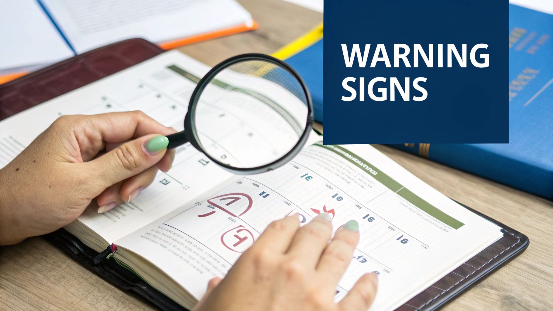 Hands with magnifying glass examine a planner with circled notes, featuring a 'WARNING SIGNS' overlay.