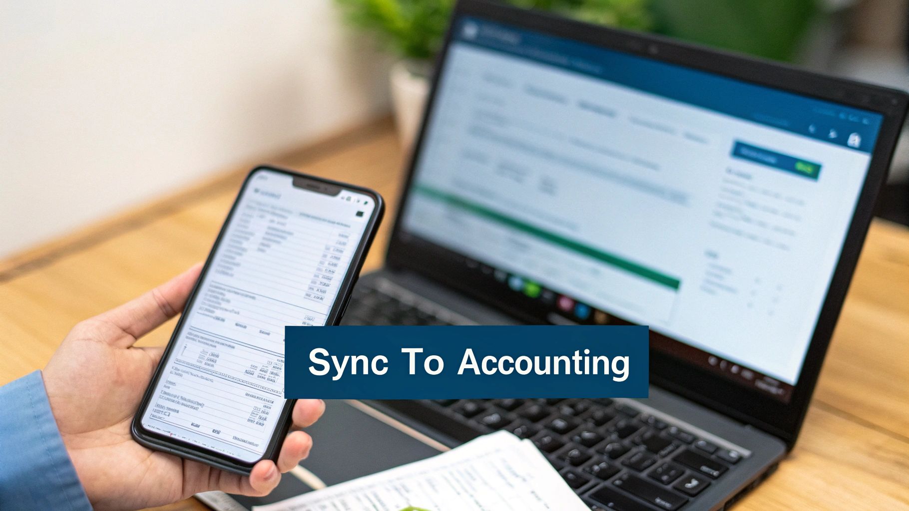 A hand holds a smartphone displaying financial data, syncing with accounting software on a laptop.
