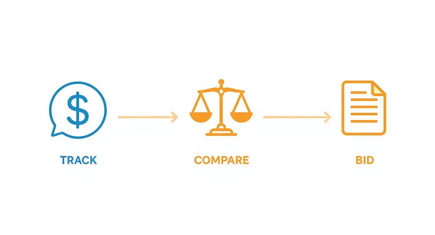 A three-step financial process: Track (dollar sign), Compare (balance scale), and Bid (document).